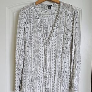 Eddie Bauer Gray and White Long Sleeve Blouse with Mandarin Collar Size L